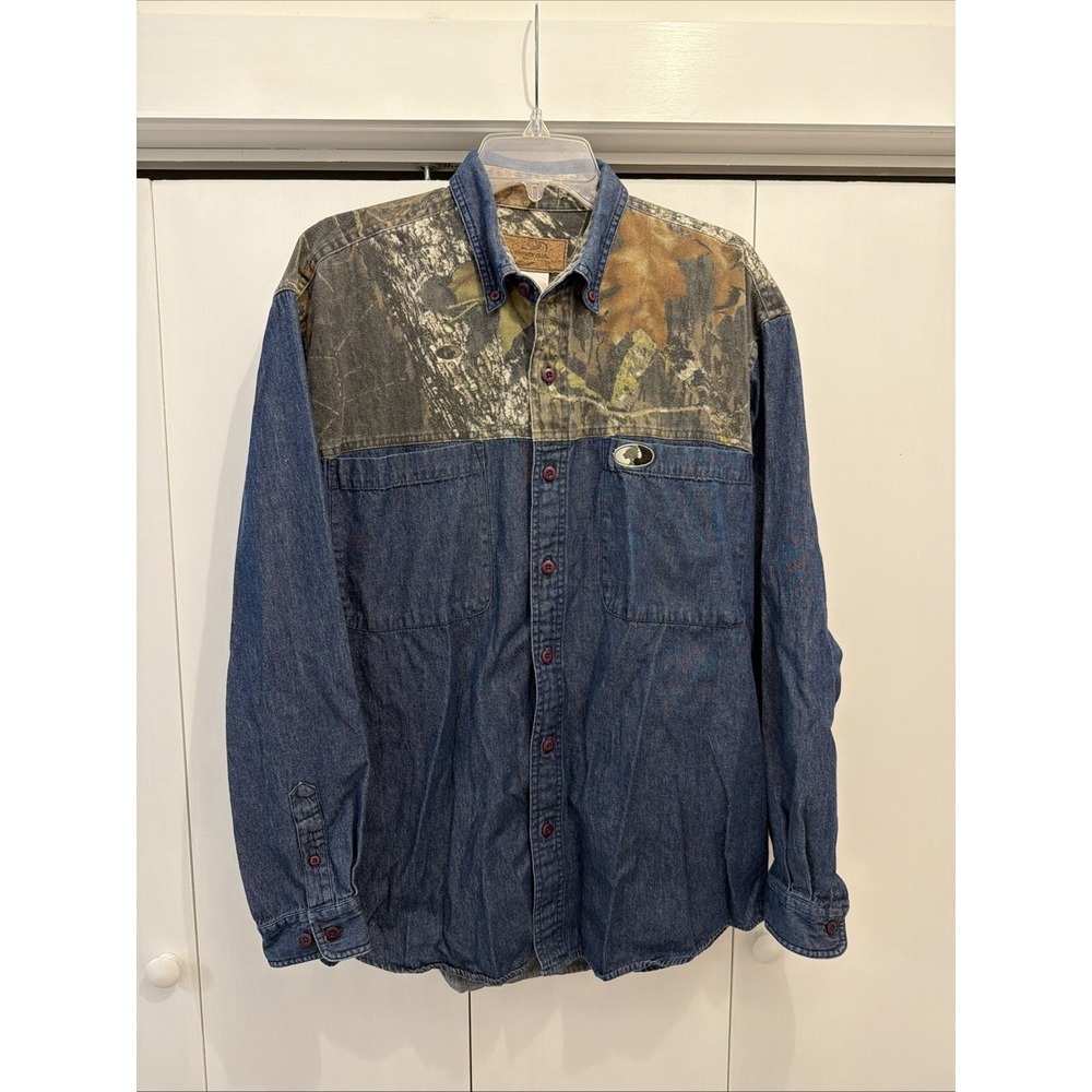 Mossy Oak Apparel Denim & Camo Button Down Long Sleeve Shirt Men's Sz L Collared